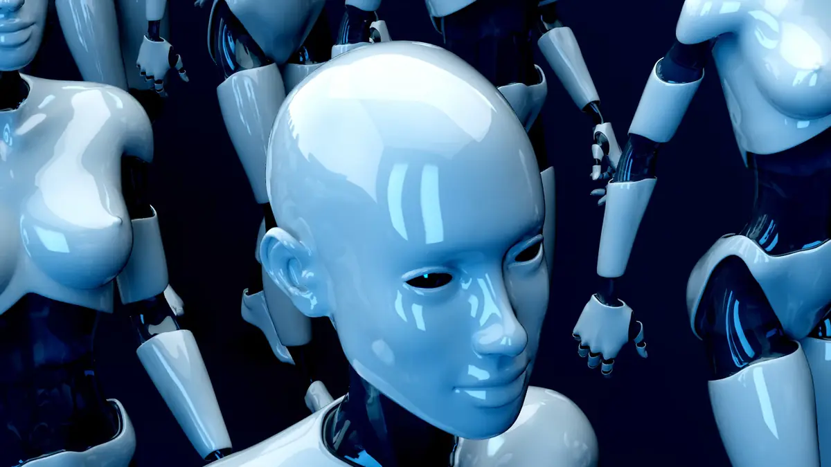 Rangées de robots humanoïdes blancs brillants sur fond bleu nuit, image d'une production en série