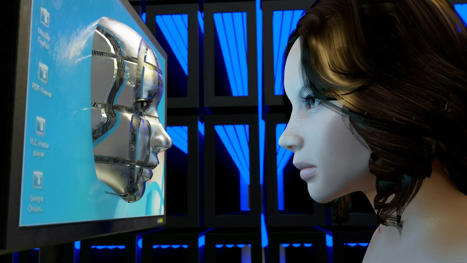 Rendu 3D : le profil d'un visage humanoïde chromé sur un écran face au profil d'une femme aux cheveux bruns